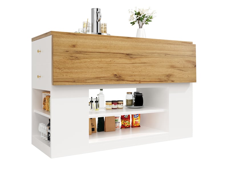  Îlot de cuisine rangement 140x40-70x90cm design moderne et élégant tiroirs plateau rabattable mdf et métal, blanc  - Conforama R