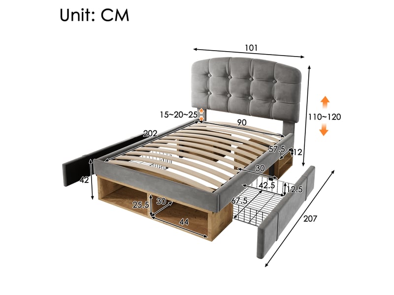  Modenvie lit simple capitonné 90x200 cm - tête de lit réglable, rangements intégrés, sans matelas - gris  - Conforama C