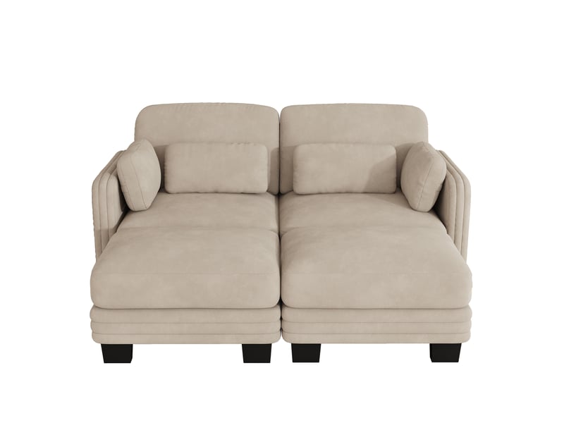 Canapé modulable 2 places 176x 143x 88 cm, design ergonomique, coussins déplaçables, avec 2 poufs, tissu en chenille, café clair - Conforama A