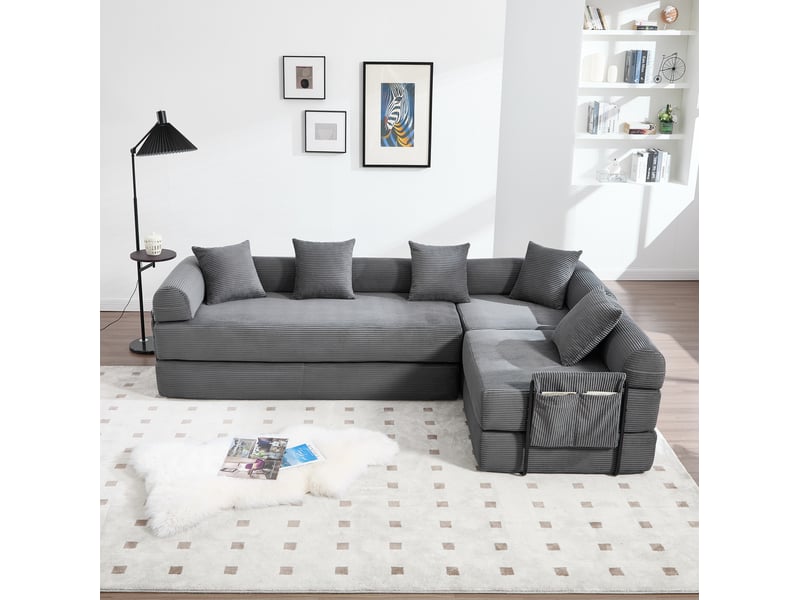  Canapé d’angle modulable convertible 4 places en velours côtelé gris foncé, avec poches latérales pratiques  - Conforama B