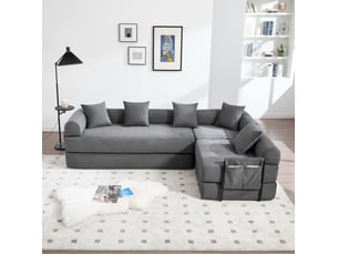 Canapé d’angle modulable convertible 4 places en velours côtelé gris foncé, avec poches latérales pratiques