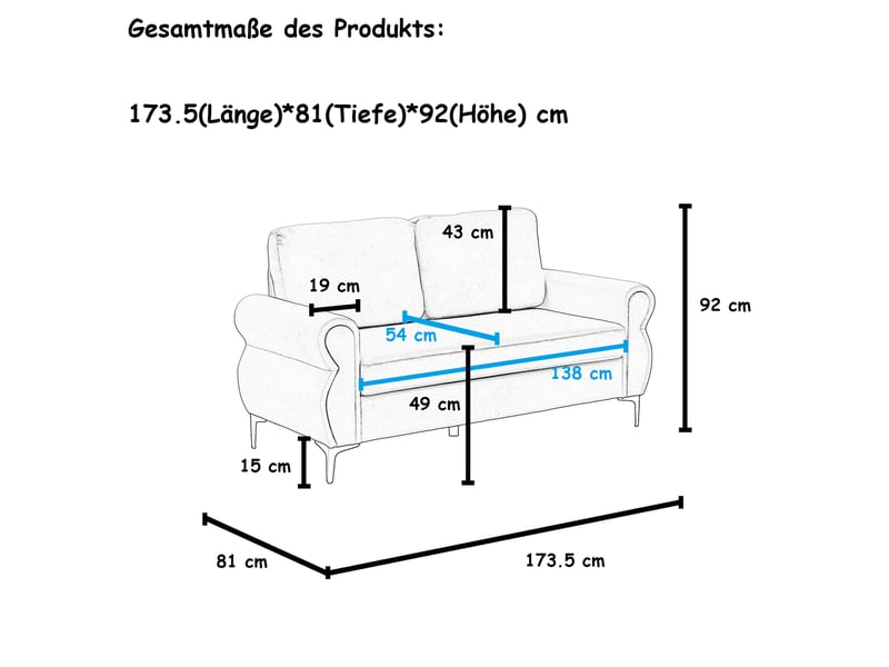  Canapé 2 places ulevr compact 173,5 cm bleu, tissu polyester, structure métal et bois, pieds métalliques 15 cm  - Conforama C