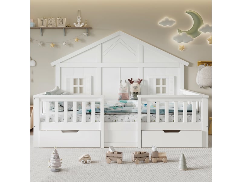  Lit cabane enfant 90x200 cm avec 2 tiroirs à roulettes, fenêtres, sommier à lattes, pinmdf blanc Bubbly - Conforama D
