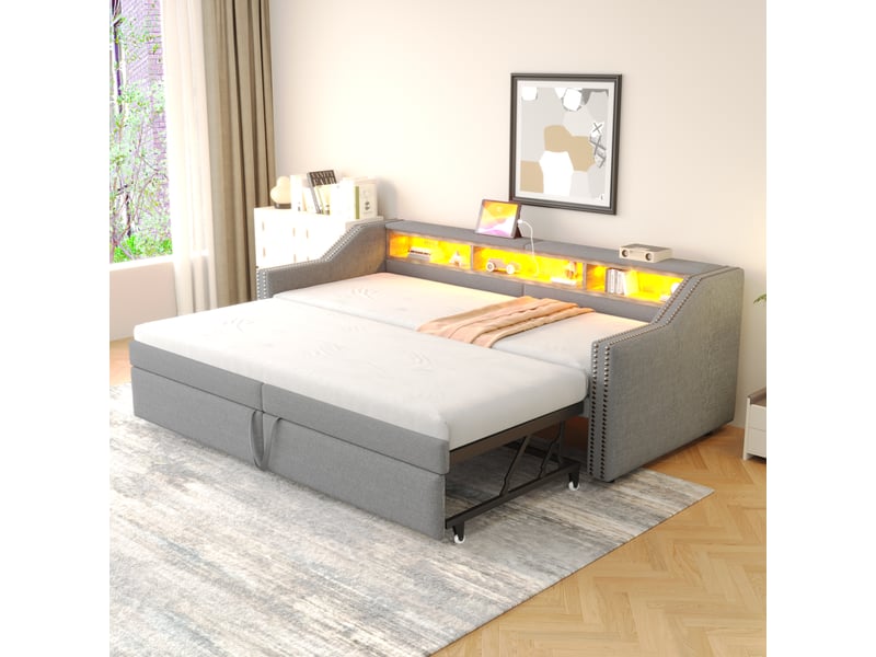  Sofa-lit capitonné 90 ou 180 x 200 cm, led et usb, coffre de rangement, sommier à lattes, coloris gris clair confort  - Conforama C