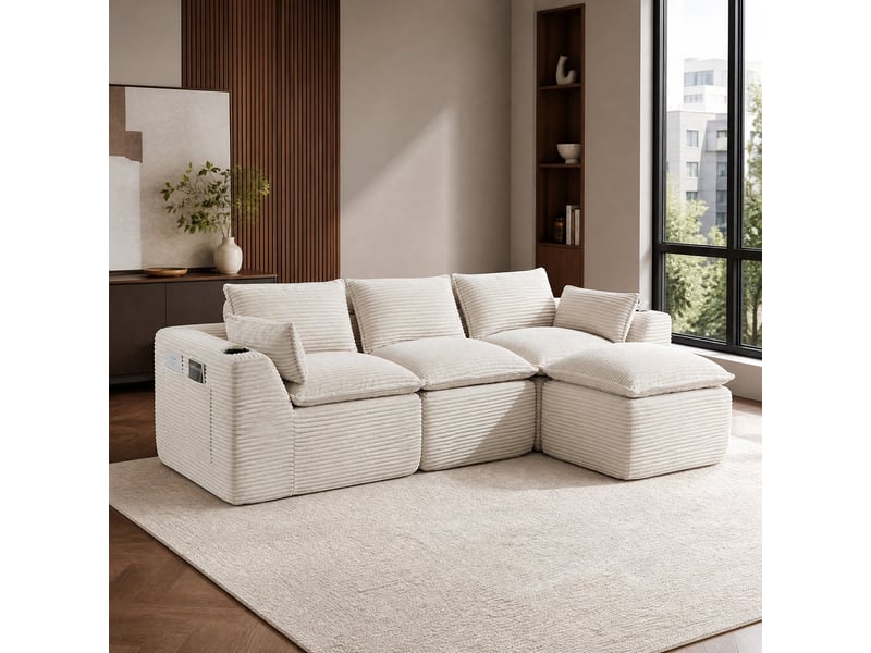  Canapé modulable 3 places modenvie avec pouf, coussins, porte-gobelets et poches latérales en velours côtelé beige  - Conforama B