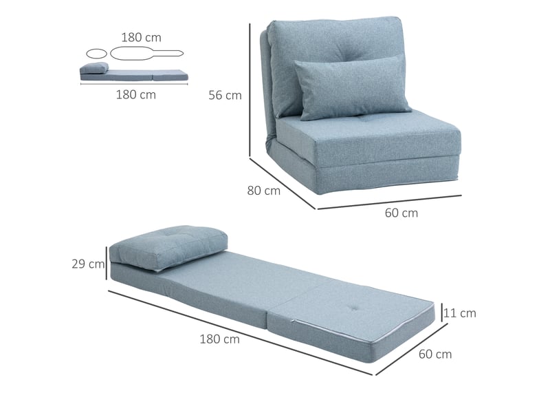  Chauffeuse canapé-lit convertible fauteuil 1 place avec 1 coussin avec dossier réglable, bleu  - Conforama E