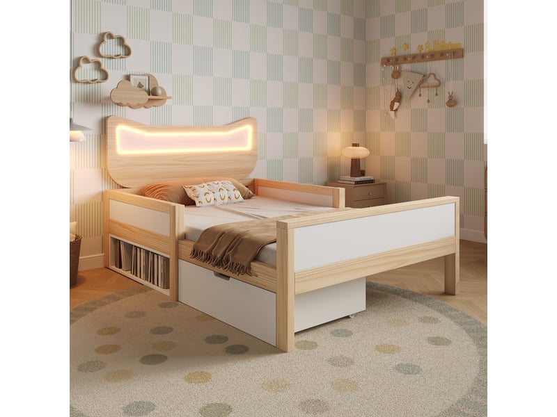  Lit enfant 90x200 cm avec tiroir - tête de lit oreilles de chat avec led rgb - barrières de sécurité - blanc et chêne  - Conforama B