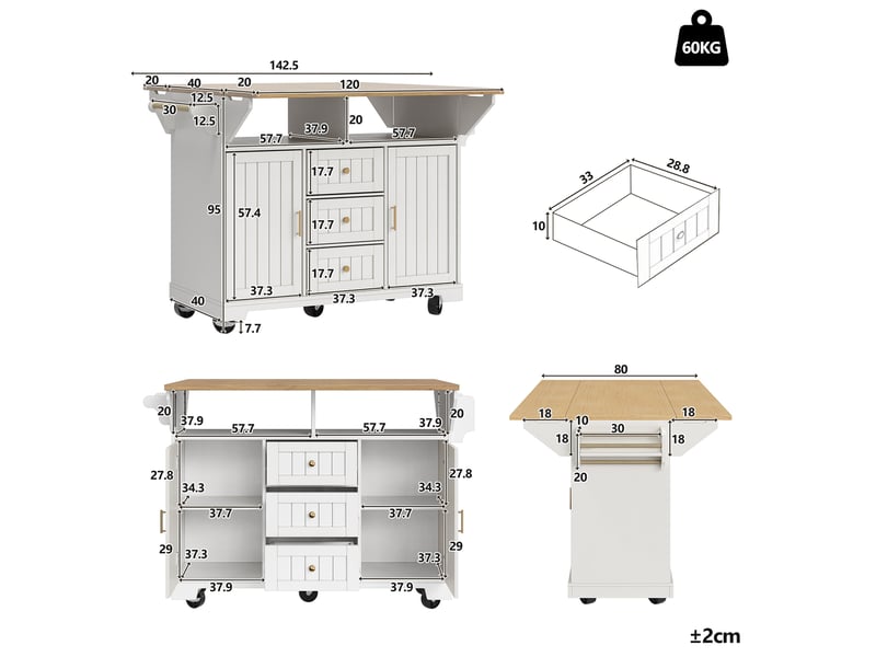  Îlot de cuisine 142,5x40(80)x95 cm, 3 tiroirs, 2 portes, plateau pliable, pour cuisine, en mdf et métal, bois et blanc  - Conforama C