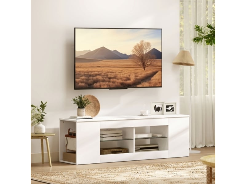  Meuble tv blanc 140 cm - 6 compartiments - 2 étagères en verre - panneau de particules  - Conforama B