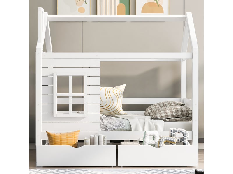  Lit cabane enfant 80x160 bois de pin massif blanc avec barrière et tiroirs pour filles et garçons  - Conforama B