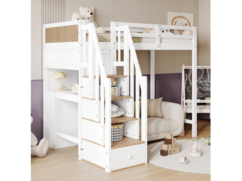  Lit mezzanine enfant 90 x 200 cm avec bureau, rangements, blanc et naturel  - Conforama E