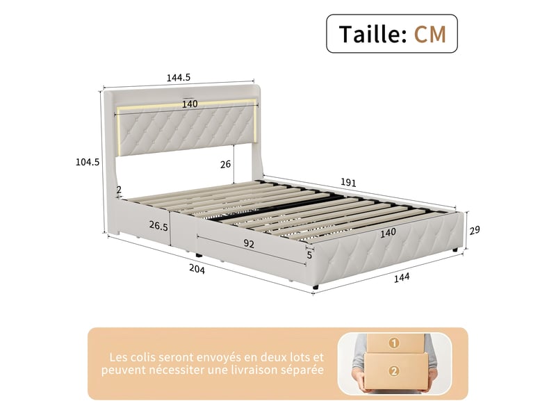  Kefsr lit double 2 places 140x190 cm avec tiroirs de rangement, tête de lit led rgb, ports usb type-c, lit capitonné en velours beige  - Conforama C