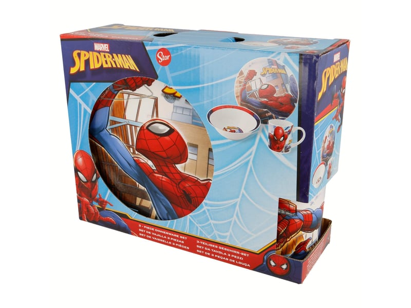 Stor lot de 3 bonbonnières dans une boîte cadeau. (bol, assiette à dessert, tasse) spiderman streets - Conforama A