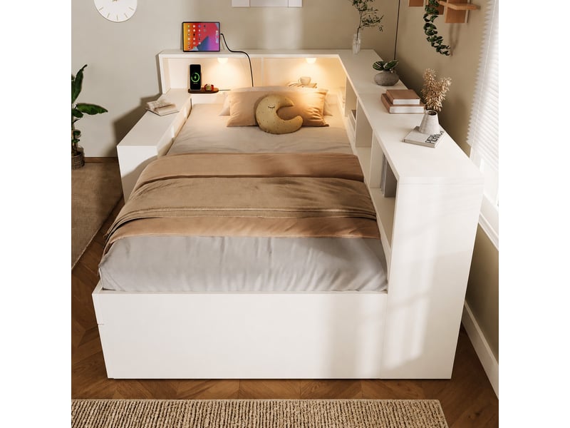 Lit 90x200 avec rangement et liseuse intégrée, lit simple en bois blanc avec ports usbtype-c et tiroirs  - Conforama W