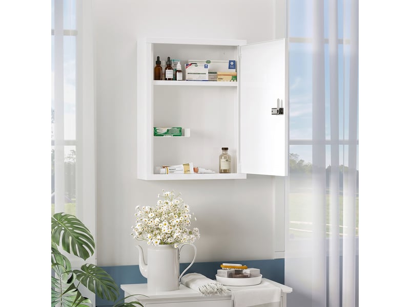  Armoire à pharmacie murale, meuble de salle de bain avec serrure à combinaison, porte et compartiments de rangement, blanche  - Conforama C