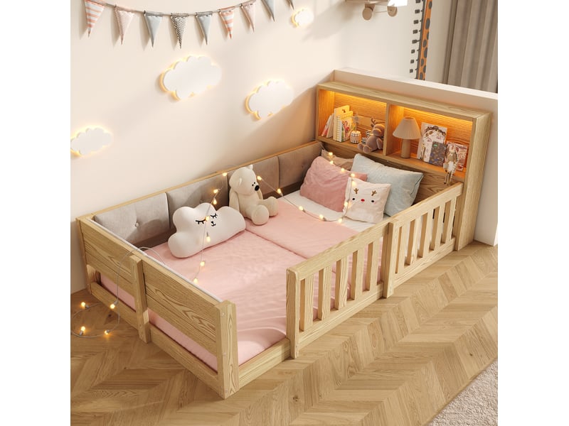  Lit enfant 90 × 200 cm à barrières avec dossier rembourré, rangements et éclairage led, naturel, chambre enfant  - Conforama D