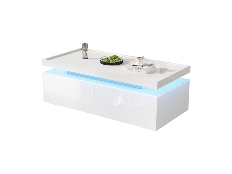  Table basse blanche brillante 95x45x35 cm, table de salon avec led et 2 tiroirs, design moderne  - Conforama W