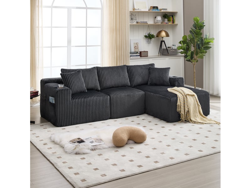  Canapé modulable modenvie 3 places avec méridienne velours côtelé gris 257 x 160 cm  - Conforama D