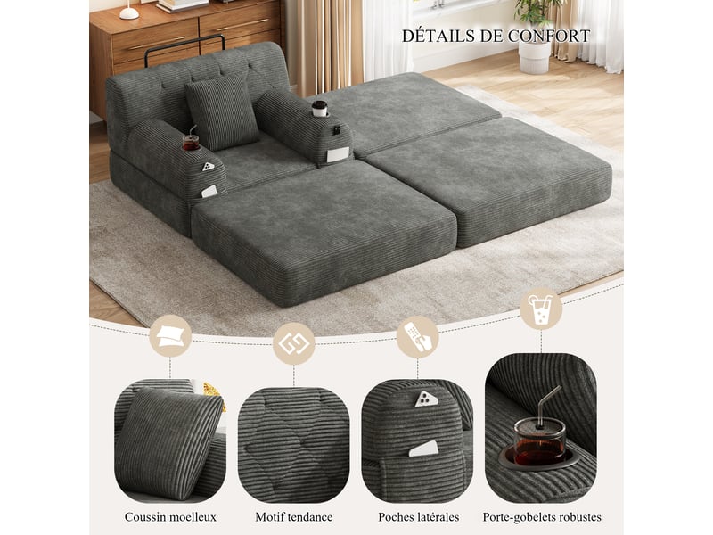  Fauteuil convertible en velours côtelé gris foncé 107x162x81 cm, 2 porte-gobelets, 4 poches, avec repose-pieds 107x162x81cm - Conforama W