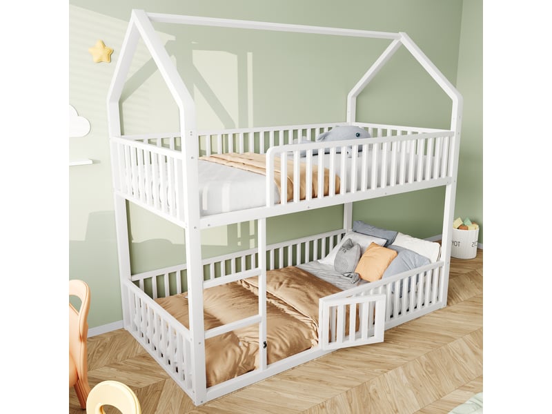  Lit superposé enfant 200×90 cm avec cadre en forme de maison, porte ouvrante, échelle et barrières, en métal blanc  - Conforama C