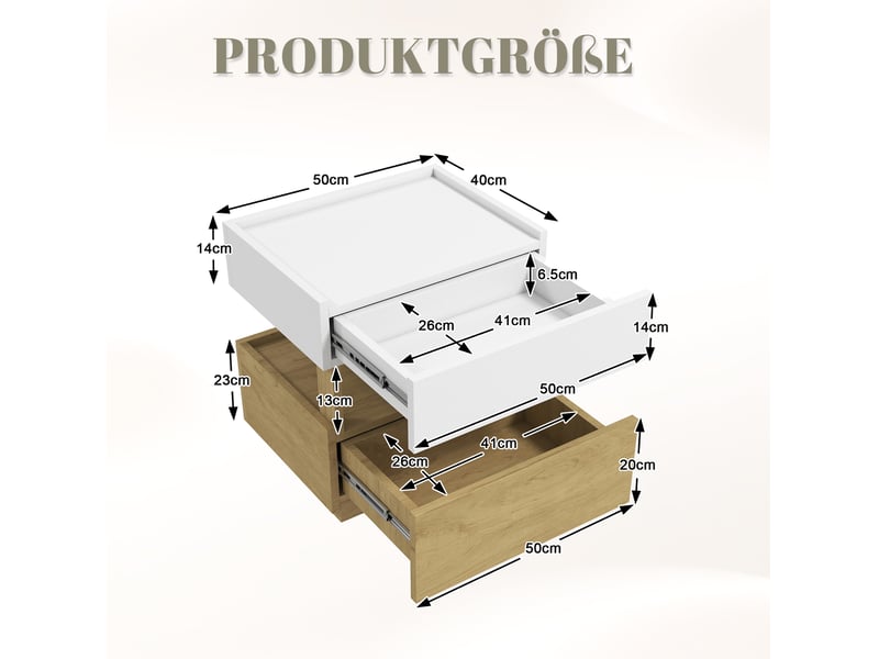  Table de chevet 50x40x50 cm blanc et bois naturel, 2 tiroirs, led et charge sans fil  - Conforama C