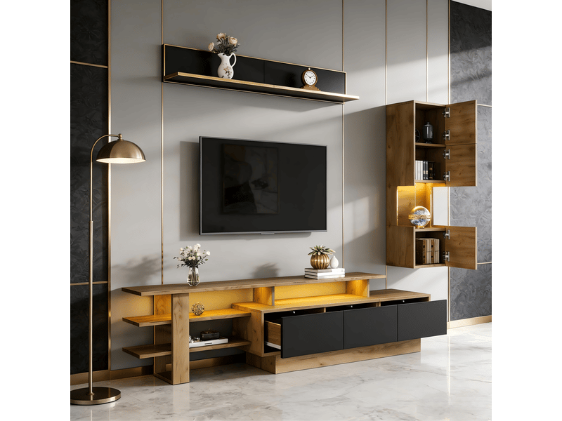  Meuble tv tcqpz 180 x 40 x 45 cm led 3 pièces pour télévision jusqu'à 80 pouces mdf et acrylique naturel et noir  - Conforama B