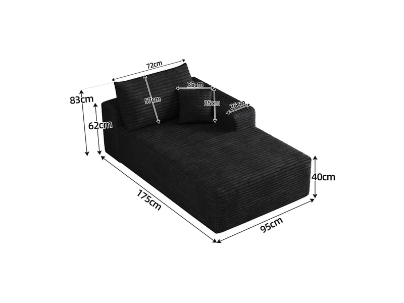  Canapé convertible avec méridienne réversible, assise moelleuse et design minimaliste, en tissu côtelé noir 175 × 95 × 83 cm  - Conforama E