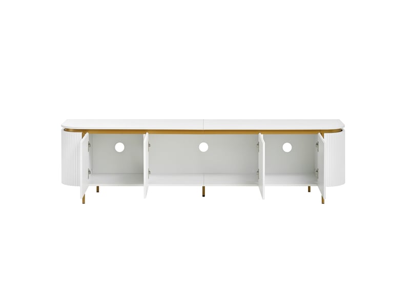  Meuble tv bas l180 cm, mdf et pieds en métal robuste, avec 6 portes, effet cannelé, relief, angles arrondis et passe-câbles, blanc  - Conforama D