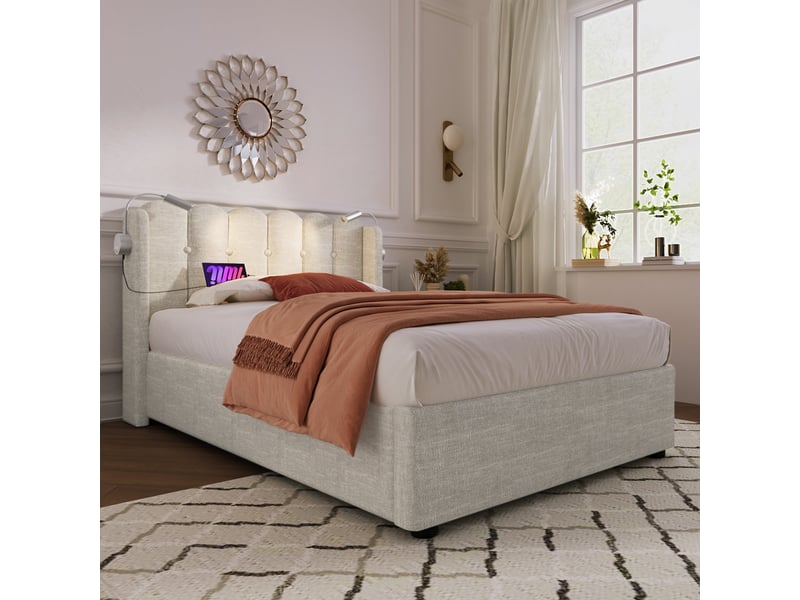  Lit coffre 90x200 avec led et usb, lit une place en lin beige avec coffre de rangement et sommier à lattes  - Conforama E