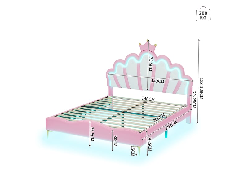  Lit double 140 x 200 cm rose avec tête de lit couronne et éclairage led réglable  - Conforama C
