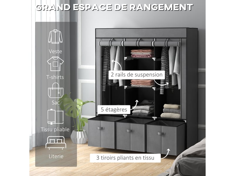  Armoire de rangement en tissu pliable avec 5 étagères, 2 tringles et 3 tiroirs en tissu 125l x 43l x 162.5h cm  - Conforama E