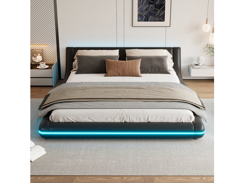 Lit 2 places 160x200 cm en pu noir avec éclairage led d’ambiance et télécommande  - Conforama B