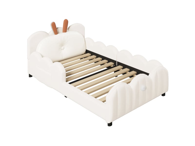 Lit plateforme enfant avec coussins en forme de lapin et barrières de sécurité rembourrées, cadre en bois massif, 90x200 cm  - Conforama A