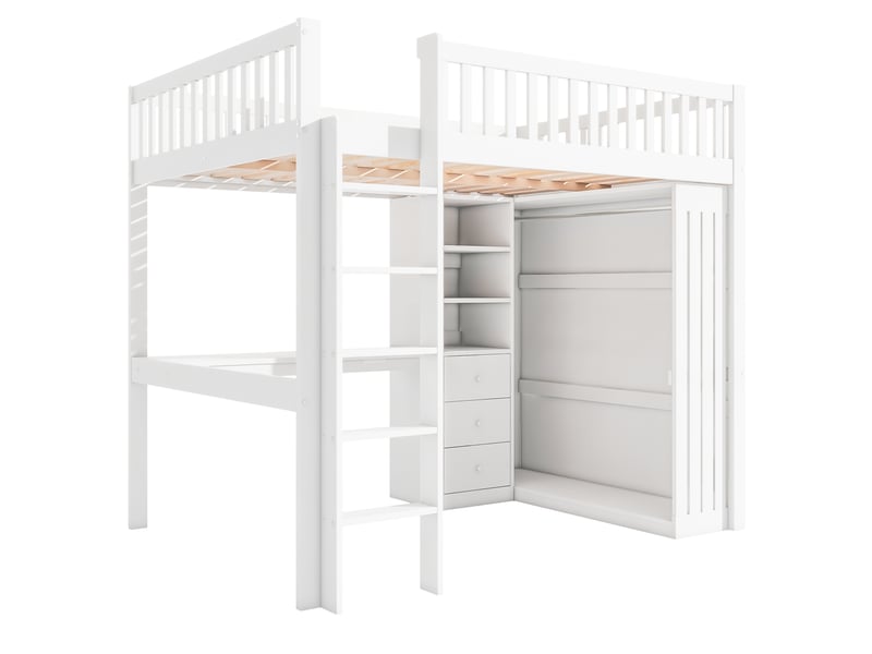  Lit mezzanine 140x200 cm avec bureau, armoire, 3 tiroirs et 3 niches, pin et mdf, blanc, sans matelas  - Conforama R