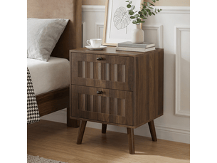 Table de chevet mid-century moderne, noyer, 2 tiroirs, pieds bois massif, 43,5 cm, rangement