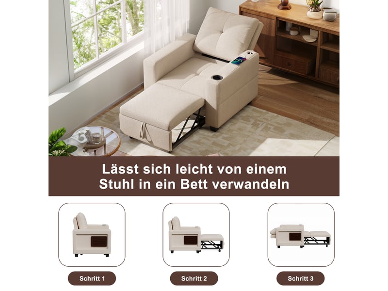  Fauteuil-lit 1 place crème en chenille convertible 3-en-1, dossier 5 positions avec tablette pliable et porte-gobelet  - Conforama E