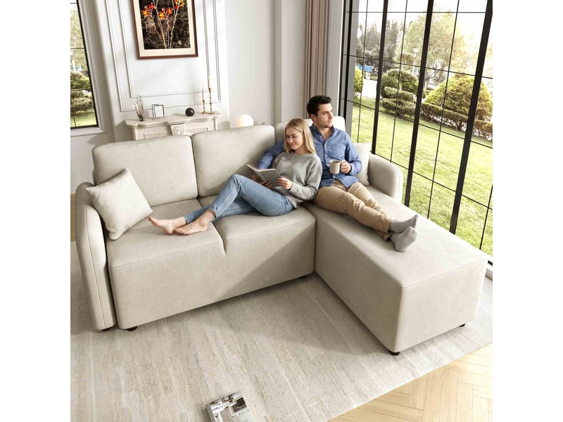 Canapé d’angle 3 places en chenille avec méridienne 187.5x144x85.5 cm, assise confortable en mousse haute densité, 2 coussins inclus - beige clair - Conforama E