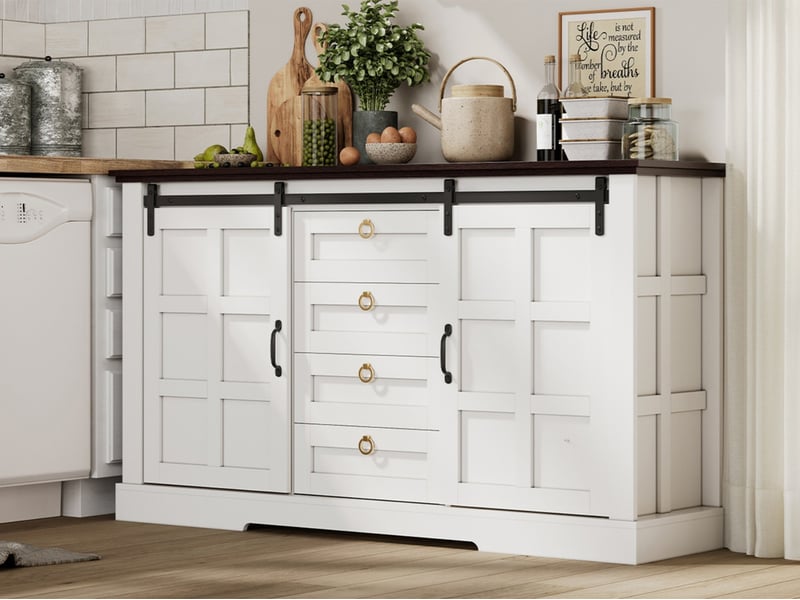  Buffet 150 x 40 x 85 cm, avec espace de rangement, portes coulissantes et quatre tiroirs, blanc  - Conforama B