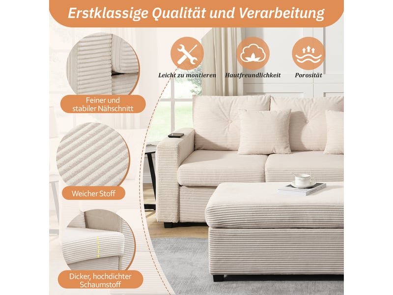  Canapé d'angle modulable et canapé 3 places avec pouf, canapé forme l en velours côtelé doux avec éclairage led intelligent.  - Conforama E