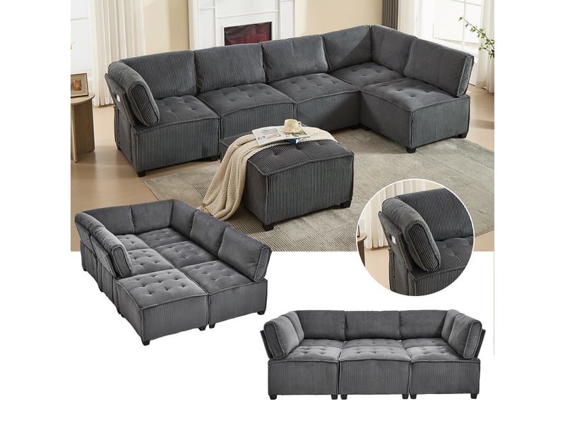  Canapé d'angle panoramique convertible 6 places velours gris canapé d'angle gris - Conforama B