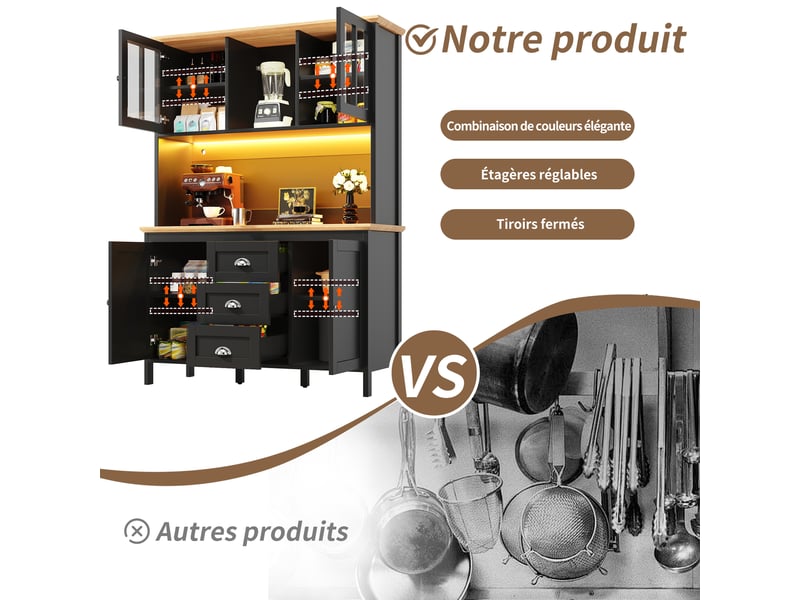  Meuble de cuisine muvano, buffet haut noir avec éclairage led, 4 portes et 3 tiroirs, 120 x 40 x 179 cm  - Conforama R