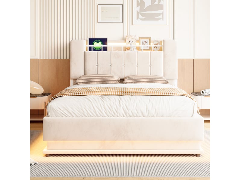 Lit coffre 140 × 200 cm avec led, usb et rangement tête de lit, sommier à lattes en métal beige 220 × 142 × 107 cm  - Conforama D
