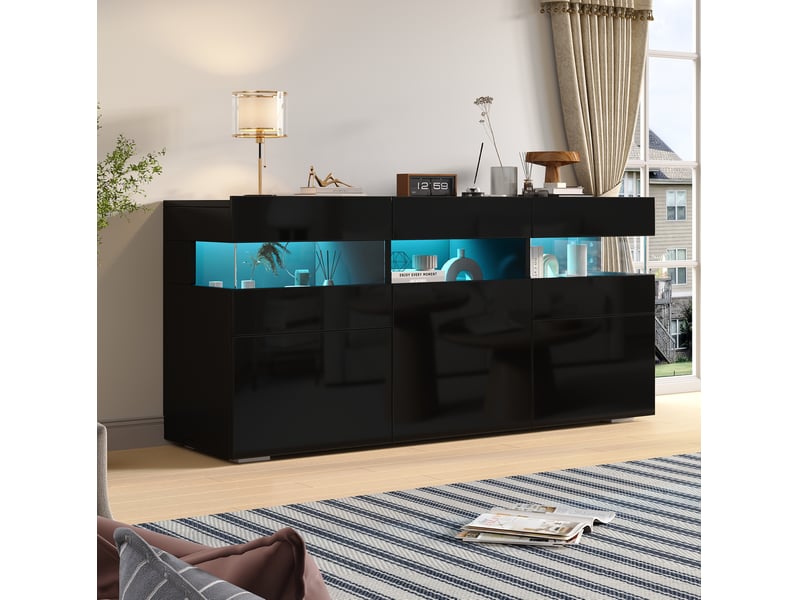 Buffet de salon 140x40,5x66,5 cm, 3 portes, 7 étagères, éclairage led, panneau de particules, finition brillante, noir - Conforama B