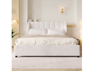 Lit adulte 140 x 200 cm – beige – tête de lit capitonnée, 2 coussins et sommier à lattes
