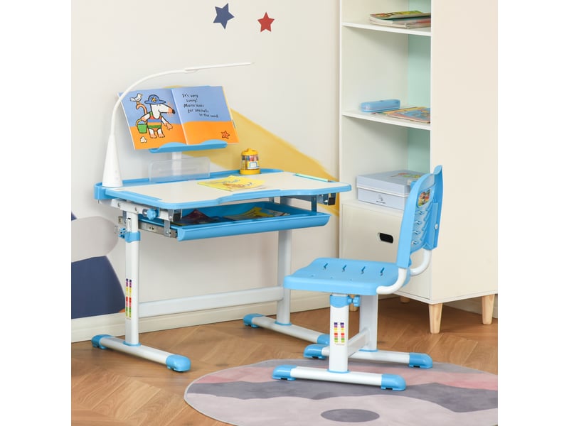 Bureau d'écolier avec chaise pour enfants de 6 à 12 ans, hauteur et inclinaison réglables, bleu - Conforama C