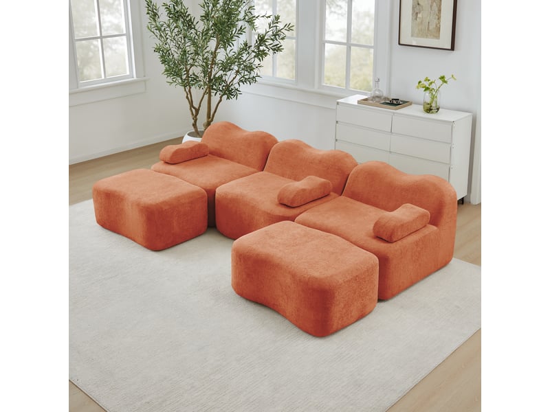 Canapé panoramique en u modulaire avec assise profonde et ottomans, en velours orange - Conforama C