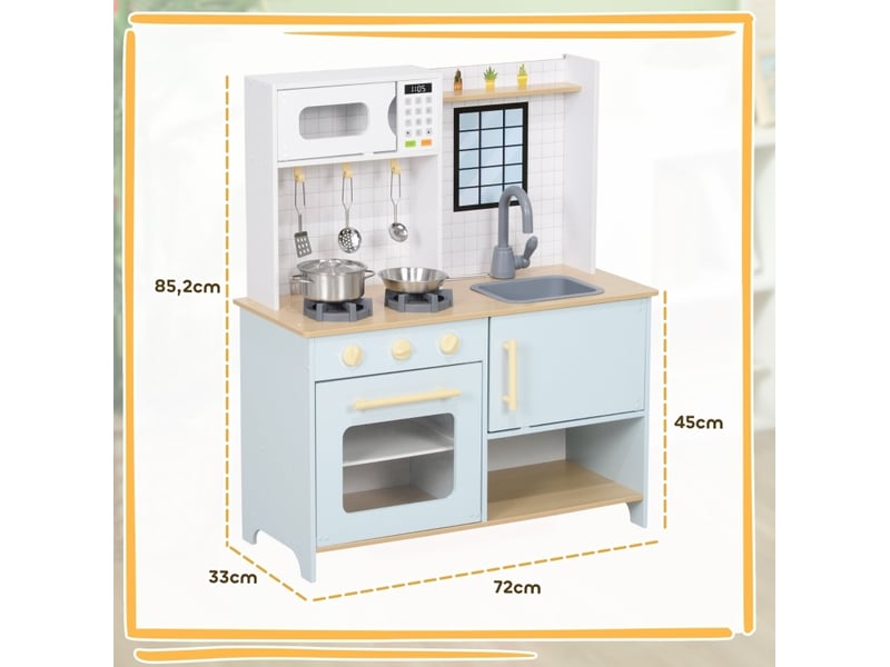  Cuisine enfant jouet 72x33x85.2 cm avec micro-ondes, plaque de cuisson et four, mdf, acier inoxydable, bleu  - Conforama C