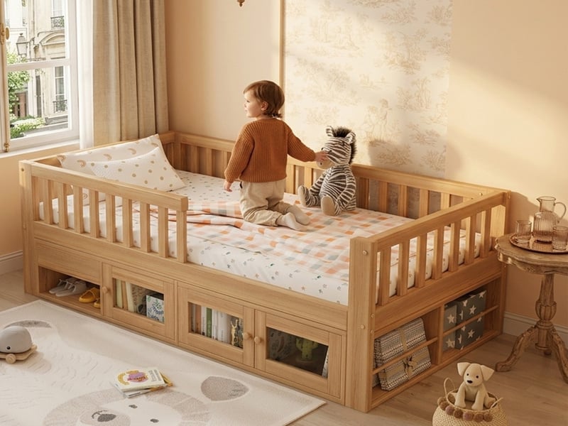  Lit enfant en bois massif, 90x200 cm, avec barrières de sécurité intégrales, tiroir et placard à deux portes, finition naturelle  - Conforama B