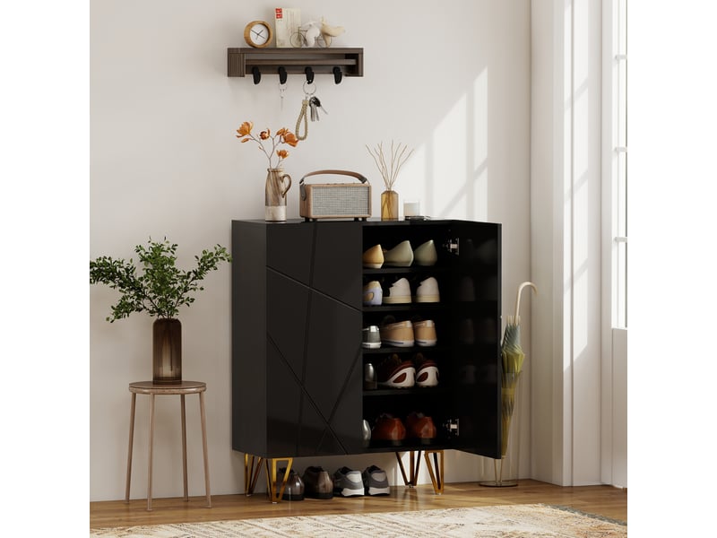  Meuble à chaussures à 2 portes, étagère à chaussures, rangement pour chaussures avec 3 étagères réglables, 72 x 31,5 x 95 cm, noir  - Conforama B