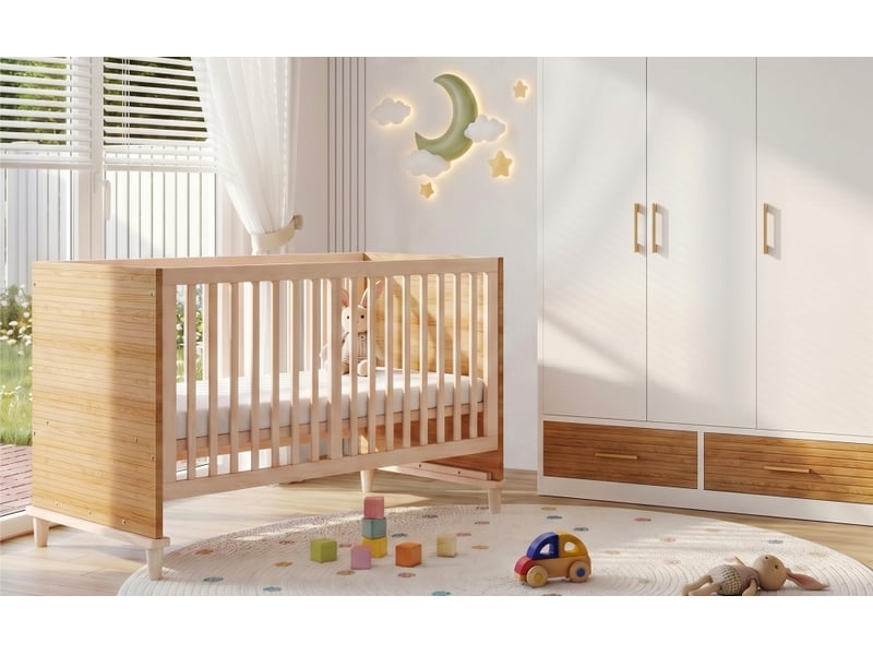  Lit bébé en bois massif 70x140 cm couleur bois naturel 5 hauteurs réglables avec barreaux et pieds de support stables sans matelas evarich - Conforama B